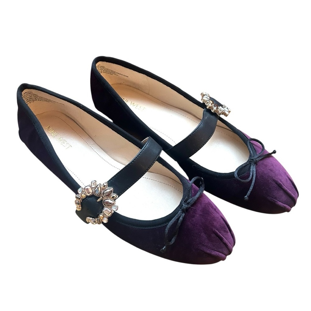 Nine West Black and Purple Mary Jane Flats with Jewel Buckle